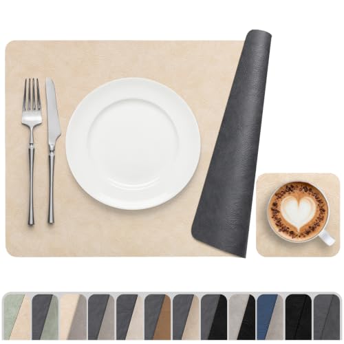 Vinyl Placemats Set of 6, Dual Sided Place Mats with Drink Coasters - color: Beige/Dark Gray Two-tone, size: Set of 6