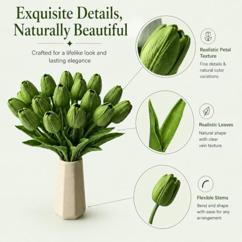Mandy's 20 Stems Green Artificial Tulip Flowers for Home Centerpieces - color: Green