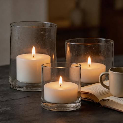 Set of 3 Seeded Glass Hurricane Candle Holders 5/7/8 Inch