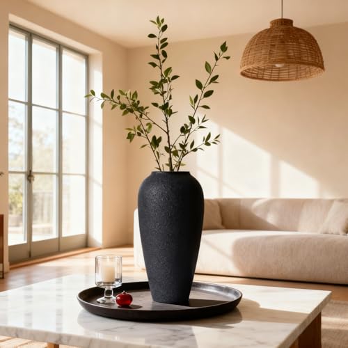 Rustic Ceramic Vase – 13.4" Large Black Ceramic Vase for Home Decor, Modern Terracotta Floor Vase for Living Room, Entryway, Kitchen, Black Vases for Centerpieces, Housewarming Gifts