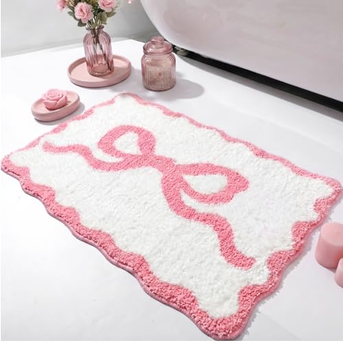 Tinideya Pink Bow Bathroom Rug 20" x 32" Scalloped Bow Bath Mat - color: Pink, size: 20" x 32" (Rectangular)