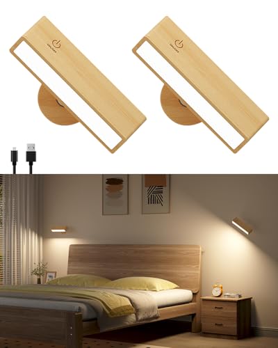 DetarZinLED Battery Operated Wall Sconces Set of 2,Rechargeable Wall Lights Wood,Stick On Wall Lights for Bedroom,Wall Mounted Bedside Reading Lamps Dimmable,Battery Powered Wall Lamp for Bedroom - color: Yellow, size: 2 Pack