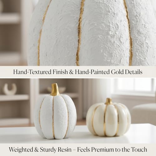 FESTGLOX Fall Pumpkin Decor, 2Pcs Resin Pumpkins for Decorating - color: White and Gold Stem-2pcs