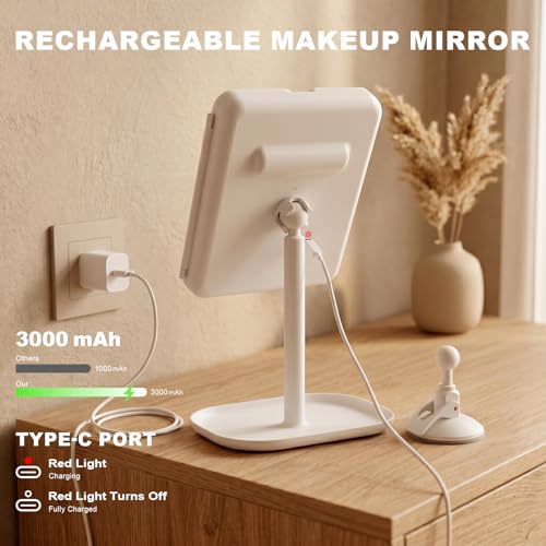 Trifold Makeup Mirror with Lights, 3000mAh Vanity Mirror | 3X/2X/1X Magnification Suction&Stand Base, 360° Adjustment Rechargeable Mirror for Travel/Bedroom/Dorm, Gifts for Women