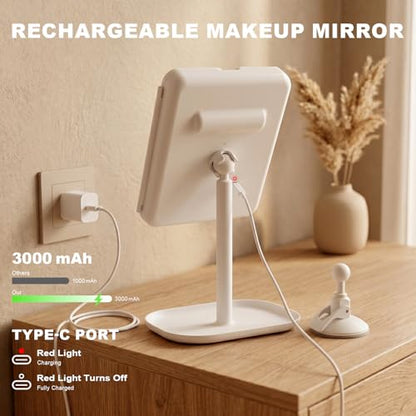 Trifold Makeup Mirror with Lights, 3000mAh Vanity Mirror | 3X/2X/1X Magnification Suction&Stand Base, 360° Adjustment Rechargeable Mirror for Travel/Bedroom/Dorm, Gifts for Women