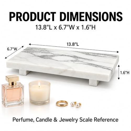 White Marble Pedestal Tray, 13.8-Inch Bathroom Vanity Counter Organizer - color: White Marble-13.8 in