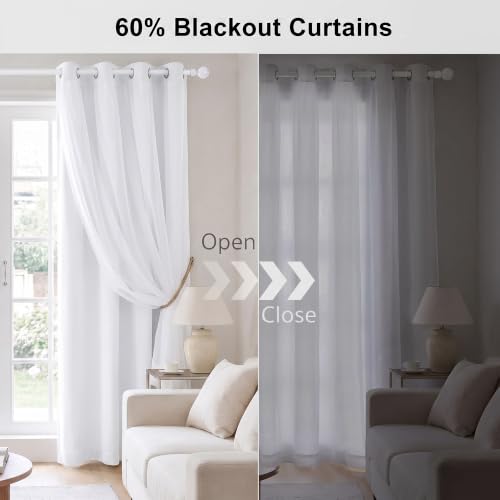 PONY DANCE Double Layer Blackout Curtains with White Sheer 84 Inches Long - color: Winter White, size: 52"W x 84"L (Pack of 2)