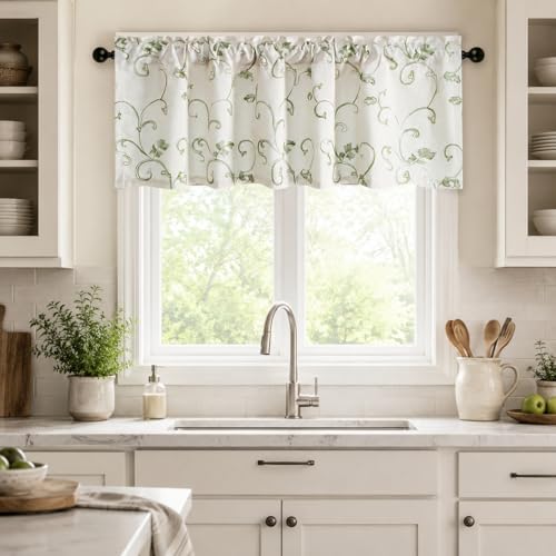 VOGOL Vines Embroidered Curtains Valance, Rod Pocket Valances for Windows, 52 x 18 Inch, Grass Green - color: Green, size: 52"W x 18"L (Pack of 1)