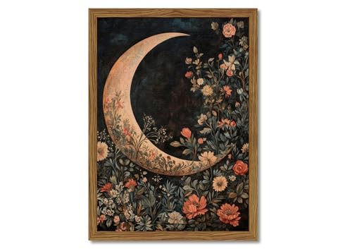 Moody Moon Floral Wall Art Dark Academia Goth Moon Wall Decor Painting Vintage Flower Celestial Artwork 3D Texture Sandstone for Bedroom Living Room 16x24 inch Wood Framed - color: Moon, size: 24"L x 16"W