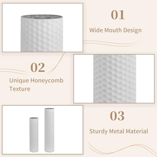 Sziqiqi White Tall Vases for Floor, Metal Cylinder Flower Holder, 2Pcs - color: White