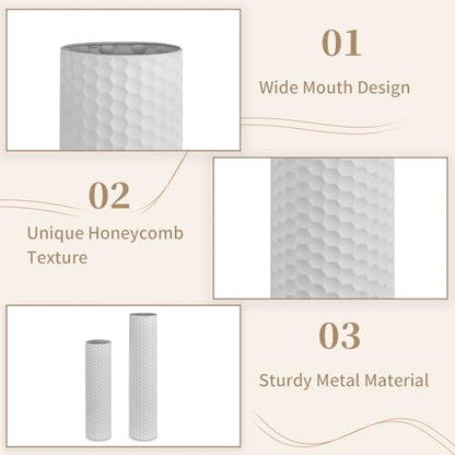 Sziqiqi White Tall Vases for Floor, Metal Cylinder Flower Holder, 2Pcs - color: White