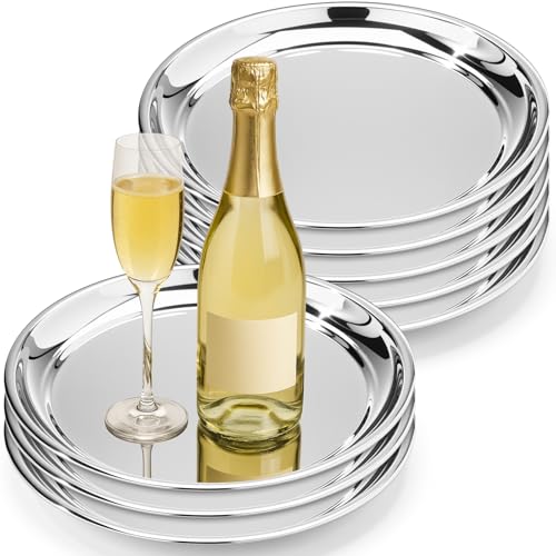 8 Pack Round Silver Mirror Decorative Trays 10" Diameter Stainless Steel - size: 10 Inch