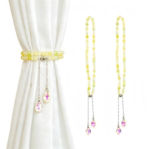 Magnetic Curtain Tiebacks, 2 Pack Colorful Crystal Curtain Drapery Holdbacks, Boho Curtain Ties for Home Office Decorative (Yellow) - color: Yellow