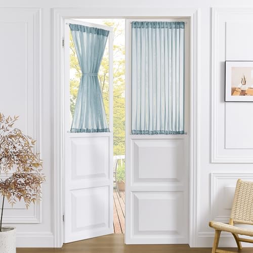 Tollpiz Small Sheer Door Curtain Closet Linen Textured Curtain Sheers Doorway Light Filtering Voile French Door Rod Pocket Curtains Patio Glass Doors, 25 x 40 inches Long, Dusty Blue, 1 Panel - color: Dusty Blue, size: 25"W x 40"L (Pack of 1)