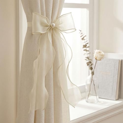 White Lace Bow Curtain Tiebacks 6-Pack, Vine Floral Curtain Holdbacks - color: Creamy Ivory