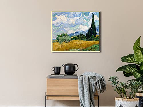 Wieco Art Framed Canvas Art Wheat Field with Cypresses by Van Gogh Impressionist Landscape oil Paintings Canvas Prints Artwork Wall Art for Living Room Home Office Decorations - size: 24"L x 20"W