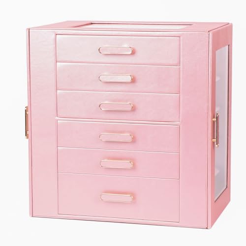 BOOVO Clear Lid Jewelry Box,6 Layers Jewelry Organizer Large Jewelry Storage Box with 6 Drawers,Jewelry Holder Organzier of Rings Earrings Necklace Bracelets for Women (Rose Gold, 6 Layer) - color: Rose Gold, size: 6 Layer