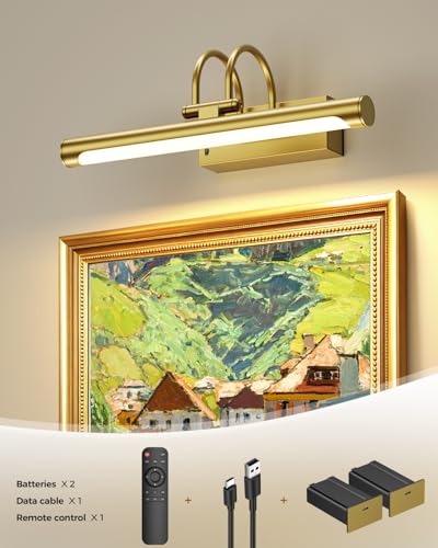 Wireless Rechargeable Picture Light with Remote, 12.6″ Battery Operated Art Gallery Wall Light, Dual 5000mAh Batteries, Dimmable with Timer, Adjustable Design, Electroplated Gold Finish - color: Battery Operated-Brass, size: 12.6 Inch