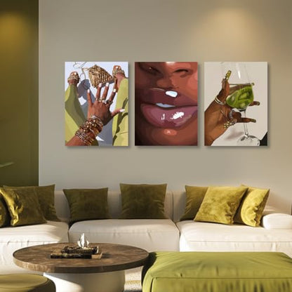 Hianan Wrapped Canvas Fashion Black Woman Wall Art Set of 3, 12x16 in - color: Yellow-Green, size: 16"L x 12"W