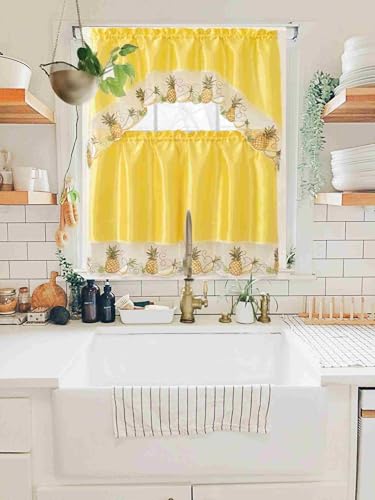 Generic 3-Piece Set Embroidered Window Curtain 2 Panels 1 Valance for Kitchen Restaurant Bar BR (Yellow BR-10) - color: Yellow Br-10