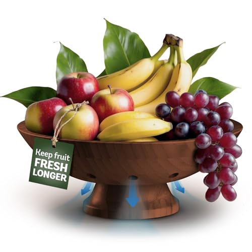 Fruit Bowl for Kitchen Counter - Brown Wooden Fruit Bowl, Latge Fruit Basket with Pedestal Base, Vented Bamboo Fruit Holder for Fruits, Vegetable Storage, Kitchen Countertop Organizer 11 x 4.5 Inches - color: Brown