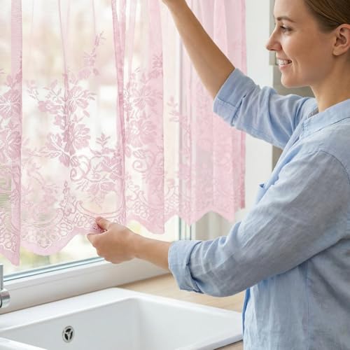 Molaxhome Kitchen Curtains Valance Pink Lace Floral Semi Sheer Curtain - color: Pink, size: 29"W x 24"L (Pack of 1)