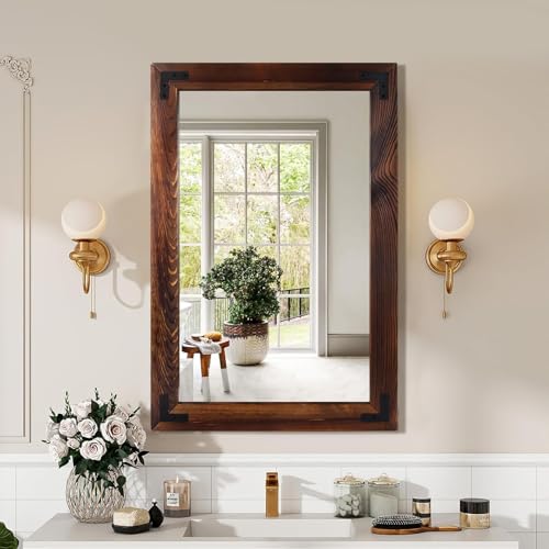 36"×24" Rustic Wood Frame Mirror for Wall, Bathroom Wooden Vanity Mirror - color: Dark, size: 36"L x 24"W