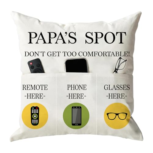 ONFAON Papa Gifts Throw Pillow Case, Papa's Spot Throw Pillow Covers 18 x 18 Inch,Put Phone Glasses and Remote Control Pillowcase,Birthday Christmas Thanksgiving Day Gifts for Papa Stepdad 3-Pocket - color: Papa 3-pocket