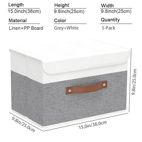 Yawinhe Fabric Storage Boxes with Lids,White/Grey,15.0x9.8x9.8in,5-Pack - color: White/Grey, size: L/(5 Pack)
