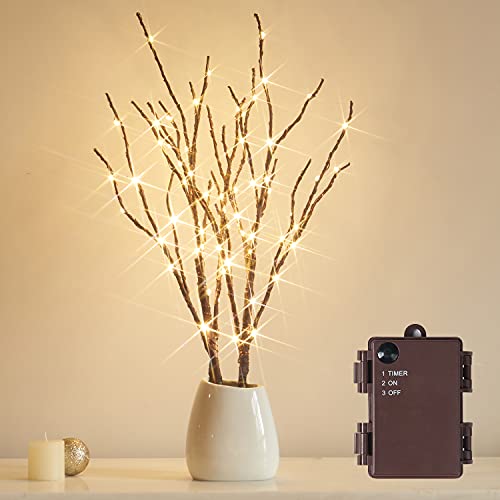 Fudios Lighted Branches with Timer 70 LED Fairy Lights 18in Battery Operated, Willow Branches with Lights for Vase Christmas Holiday Home Decor - color: Brown Branches with Warm White Lights