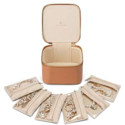 VLANDO Travel Jewelry Case with Clear 6 Velvet Bags,Brown - color: 6PCS-Brown