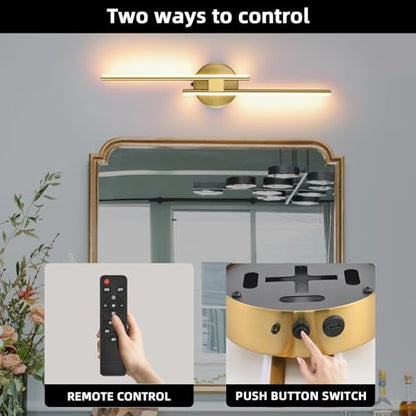 Battery Operated Wall Sconce Set of 2,Gold 23.6" 3000K-6500K LED Dimmable Wall Sconces with Remote Control,Wireless Wall Light USB Rechargeable for Bedroom Hallway Living Room Background Wall Lighting - color: Gold, size: 23.6" 2-Pack