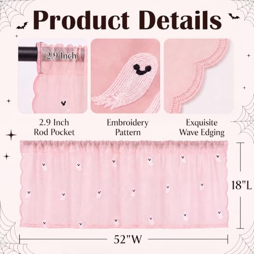 Emvency Valances for Windows, Lace Embroidered, 2 Pack, 52x18 Inch Ghost - color: Pink Ghost, size: 52"W x 18"L (Pack of 2)