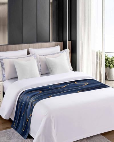 Navy Blue Gold Bed Runner Scarf King Size,Boho Marble Abstract Geometric Striped Luxury Bed Throw Runners & Scarves for Twin Full Queen King Foot of Bed,Bedroom Hotel Wedding Room Decoration,94"x20" - size: 94x20in,240x50cm