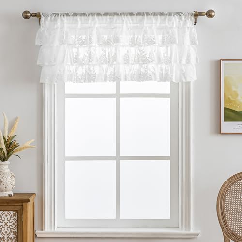 Kotile White Ruffle Lace Valance for Windows W52 x L18 Inch, 1 Panel - color: White - Ruffle Lace