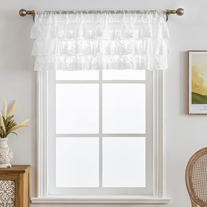 Kotile White Ruffle Lace Valance for Windows W52 x L18 Inch, 1 Panel - color: White - Ruffle Lace