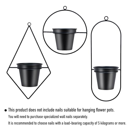 Geometric Wall Planters for Indoor Plants Set of 3 Black Metal Wall Mounted Plant Holder (Diamond & Oval & Round Shapes) with 5 Inch Flower Pots, Modern Hanging Planters for Indoor Decor