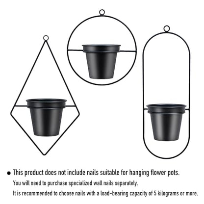 Geometric Wall Planters for Indoor Plants Set of 3 Black Metal Wall Mounted Plant Holder (Diamond & Oval & Round Shapes) with 5 Inch Flower Pots, Modern Hanging Planters for Indoor Decor