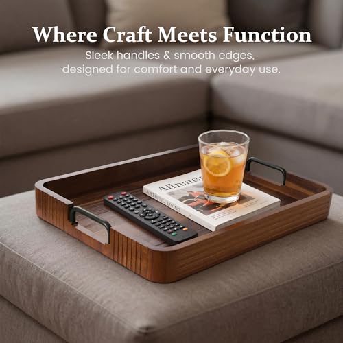 Acacia Wood Serving Tray with Metal Handle, 17x13in Tray for Ottoman - color: Dark Acacia / Black Handle, size: 17” × 13” × 2”