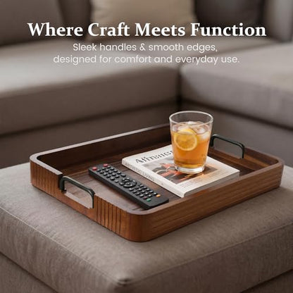 Acacia Wood Serving Tray with Metal Handle, 17x13in Tray for Ottoman - color: Dark Acacia / Black Handle, size: 17” × 13” × 2”