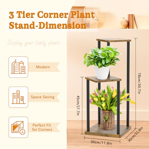 Plant Stand Indoor, Oppro 3 Tier Corner Metal Wood Flower Pot Holder Shelf | Multiple Display Rack Square Table for Living Room Bedroom Orchid Outdoor Balcony Garden Patio, Modern Black & Rustic Brown - color: Black-3 Tier