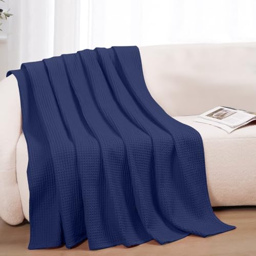 100% Cotton Blankets for Bed - Waffle Weave Blankets for Summer, Lightweight and Breathable Soft Woven Blanket for Spring (Navy, Throw (50" x 60")) - color: Navy, size: Throw (50" x 60")
