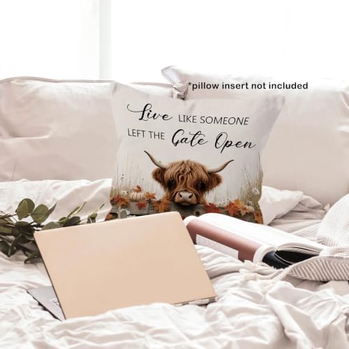Fall Western Highland Cow Pumpkin Leaves Throw Pillow Covers 18x18 - color: Highland Cow-08