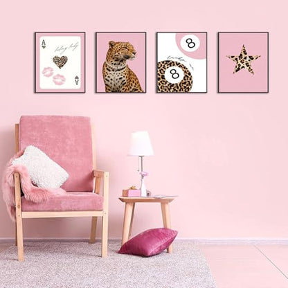 BWDDWB Pink Preppy Leopard Wall Art Trendy Poster 8x10 in Set of 4 Unframed - color: Pink Leopard, size: 10"L x 8"W