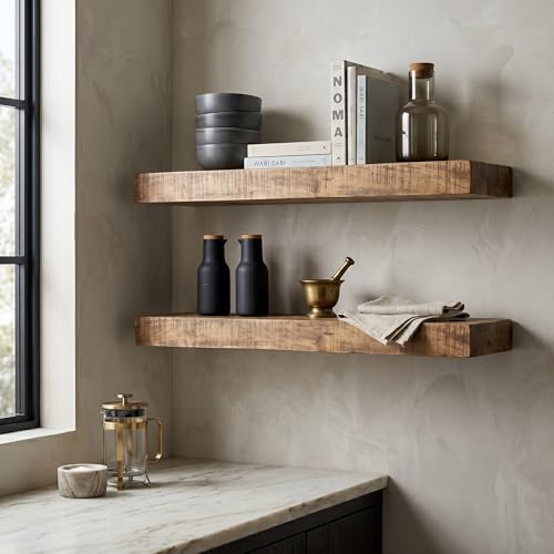 Hives & Honey Hawthorne Floating Shelf 48 Inch, Solid Mango Wood Wall Mounted Shelf, Hidden Bracket Design, Heavy Duty Storage Shelf, Light Wash Rustic Décor