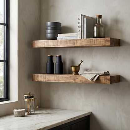 Hives & Honey Hawthorne Floating Shelf 48 Inch, Solid Mango Wood Wall Mounted Shelf, Hidden Bracket Design, Heavy Duty Storage Shelf, Light Wash Rustic Décor