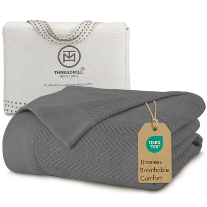 Threadmill Luxury 100% Cotton Twin Herringbone Blanket, Dark Grey - color: Dark Grey, size: Twin (68" x 92")