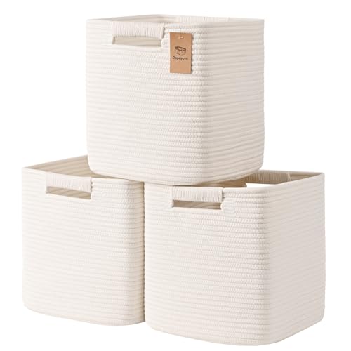 13 Inch Storage Cubes, 3 Pack Cube Storage Bins for Organizing, Cotton Rope Woven Baskets for Shelves, Bathroom, Kids Room, Closets, Baby Nursery - color: White, size: 13"×13"×13" - 3Pcs