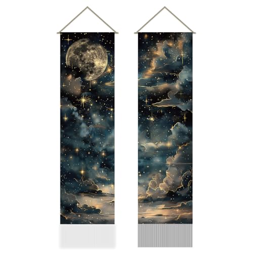 AHANDMAKER Pack of 2 Starry Sky Tapestry, Retro Moon and Stars Vertical Long Aesthetic Celestial Tapestry Doorway Curtain Tassel Wall Hanging for Bedroom Living Room, 13 x 51 Inch - color: Starry Sky