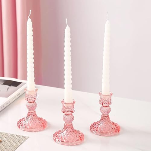 Glass Candlestick Holder Taper and Candle Holder Desktop Decoration for Wedding Dinning Party-3 pcs - color: Pink